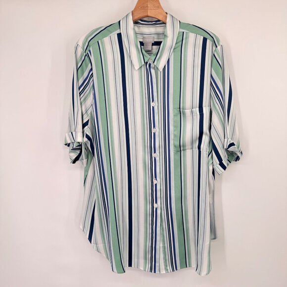 Chicos 4 Women Striped Collared Button-Up Shirt Size 2x plus short sleeve satin - Picture 11 of 15